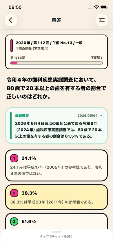 解答画面。問題文の下に最新補足として令和6年調査の最新値が表示され、選択肢ごとに解説が付いている